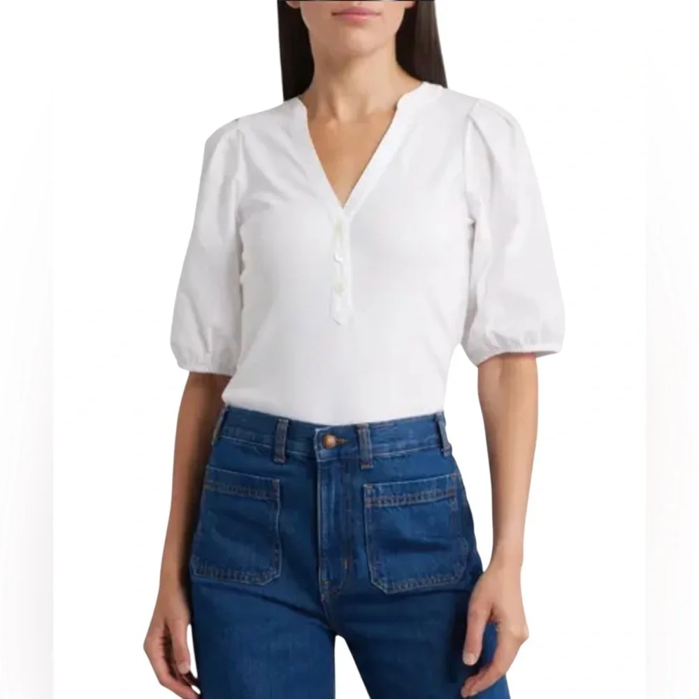 MADEWELL V-Neck Puff Sleeved Mixy Top Blouse NWT XS Classic White